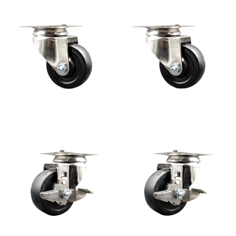 Soft Rubber Swivel Top Plate Caster Set of 4 with 3 Inch Black Caster Wheels - 316 Stainless Steel Casters - Includes 2 Swivel with Top Lock Brakes and 2 Swivel - Service Caster Brand — photo 1