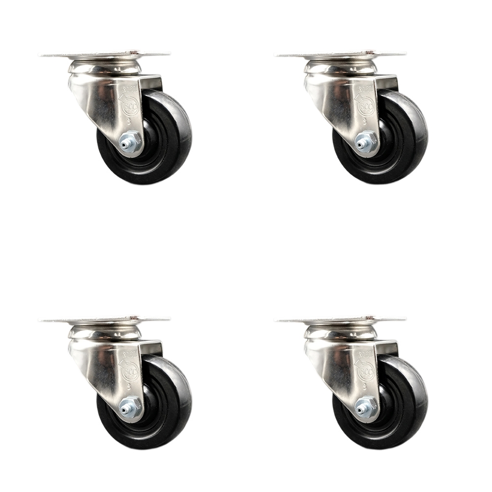 Soft Rubber Swivel Top Plate Caster Set of 4 with 3 Inch Black Caster Wheels - 316 Stainless Steel Casters - Includes 4 Swivel Casters - 700 lbs. Total Capacity - Service Caster Brand — photo 1