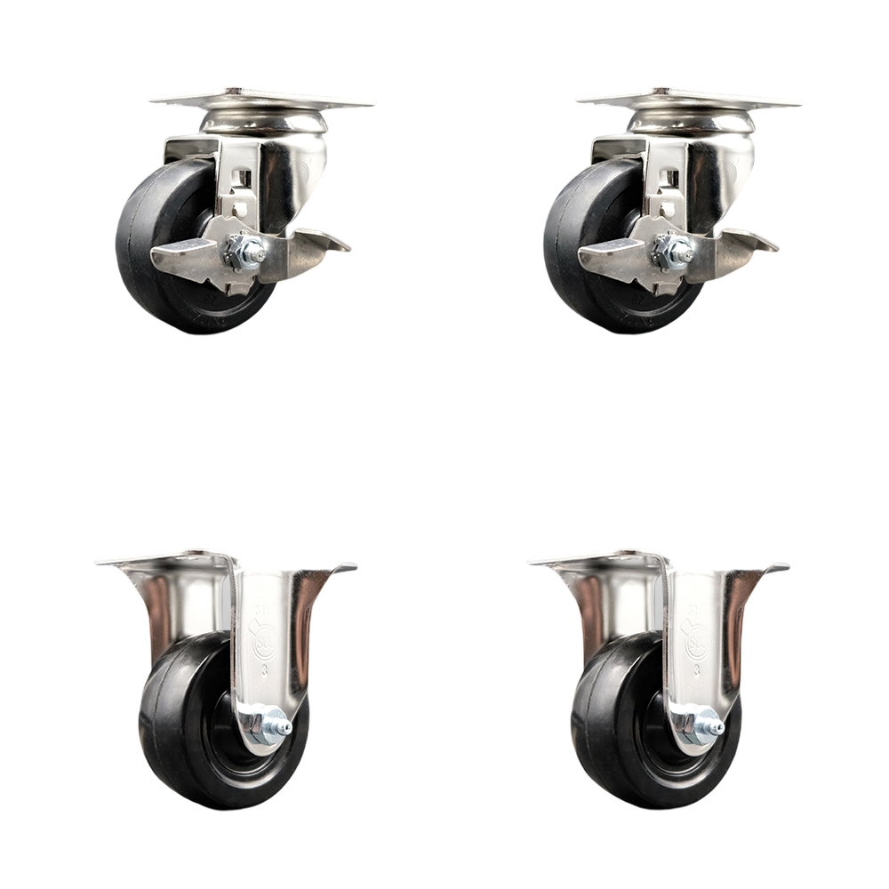 Soft Rubber Swivel Top Plate Caster Set of 4 with 3.5 Inch Black Caster Wheels - 316 Stainless Steel Casters - Includes 2 Swivel with Top Lock Brakes and 2 Rigid - Service Caster Brand — photo 1