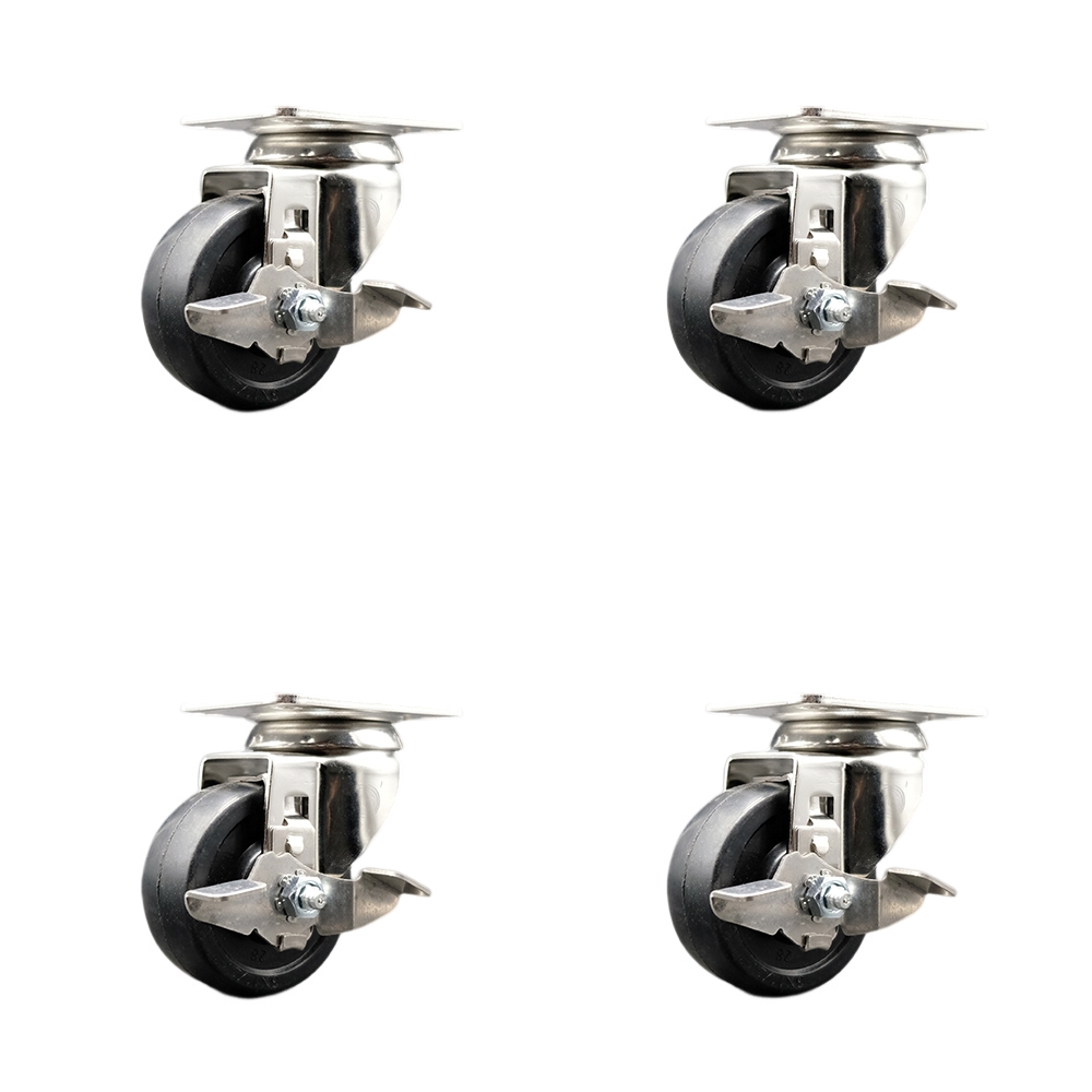 Soft Rubber Swivel Top Plate Caster Set of 4 with 3 Inch Black Caster Wheels - 316 Stainless Steel Casters-Includes 4 Swivel Casters with Top Lock Brakes-700 lbs. Total Capacity-Service Caster Brand — photo 1