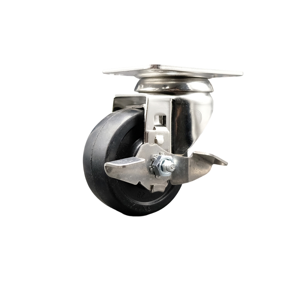 Soft Rubber Swivel Top Plate Caster with 3 Inch Black Caster Wheel and Top Lock Brake - 316 Stainless Steel Caster - 175 lbs. Capacity Per Caster - Service Caster Brand — photo 1