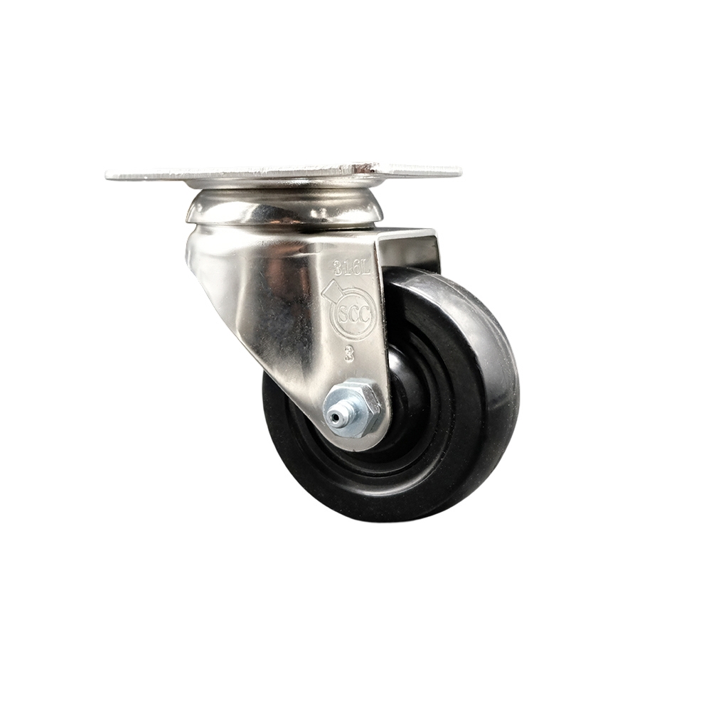 Soft Rubber Swivel Top Plate Caster with 3.5 Inch Black Caster Wheel - 316 Stainless Steel Caster - 200 lbs. Capacity Per Caster - Service Caster Brand — photo 1
