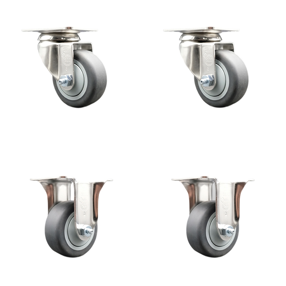 Thermoplastic Rubber Swivel Top Plate Caster Set of 4 with 3.5 Inch Gray Caster Wheels - 316 Stainless Steel Casters - Includes 2 Swivel Casters and 2 Rigid Casters - Service Caster Brand — photo 1