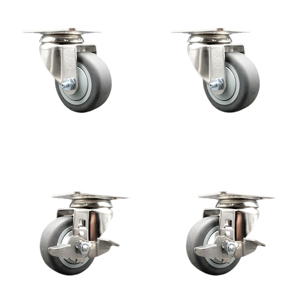 Thermoplastic Rubber Swivel Top Plate Caster Set of 4 with 3 Inch Gray Caster Wheels - 316 Stainless Steel Casters - Includes 2 Swivel with Top Lock Brakes and 2 Swivel - Service Caster Brand — photo 1