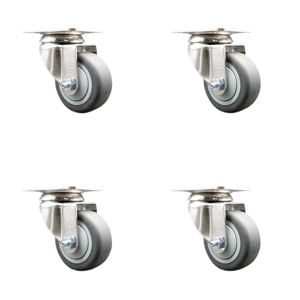 Thermoplastic Rubber Swivel Top Plate Caster Set of 4 with 3.5 Inch Gray Caster Wheels - 316 Stainless Steel Casters - Includes 4 Swivel Casters - 920 lbs. Total Capacity - Service Caster Brand — photo 1