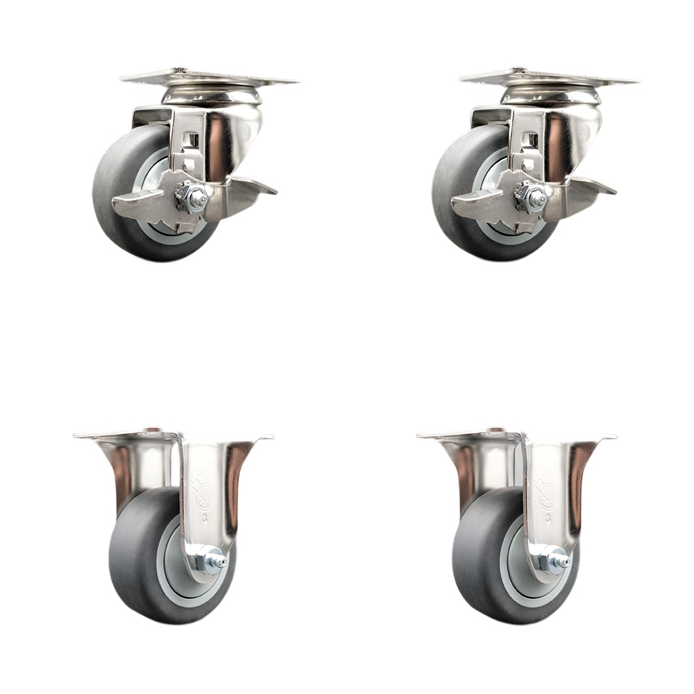 Thermoplastic Rubber Swivel Top Plate Caster Set of 4 with 3.5 Inch Gray Caster Wheels - 316 Stainless Steel Casters - Includes 2 Swivel with Top Lock Brakes and 2 Rigid - Service Caster Brand — photo 1