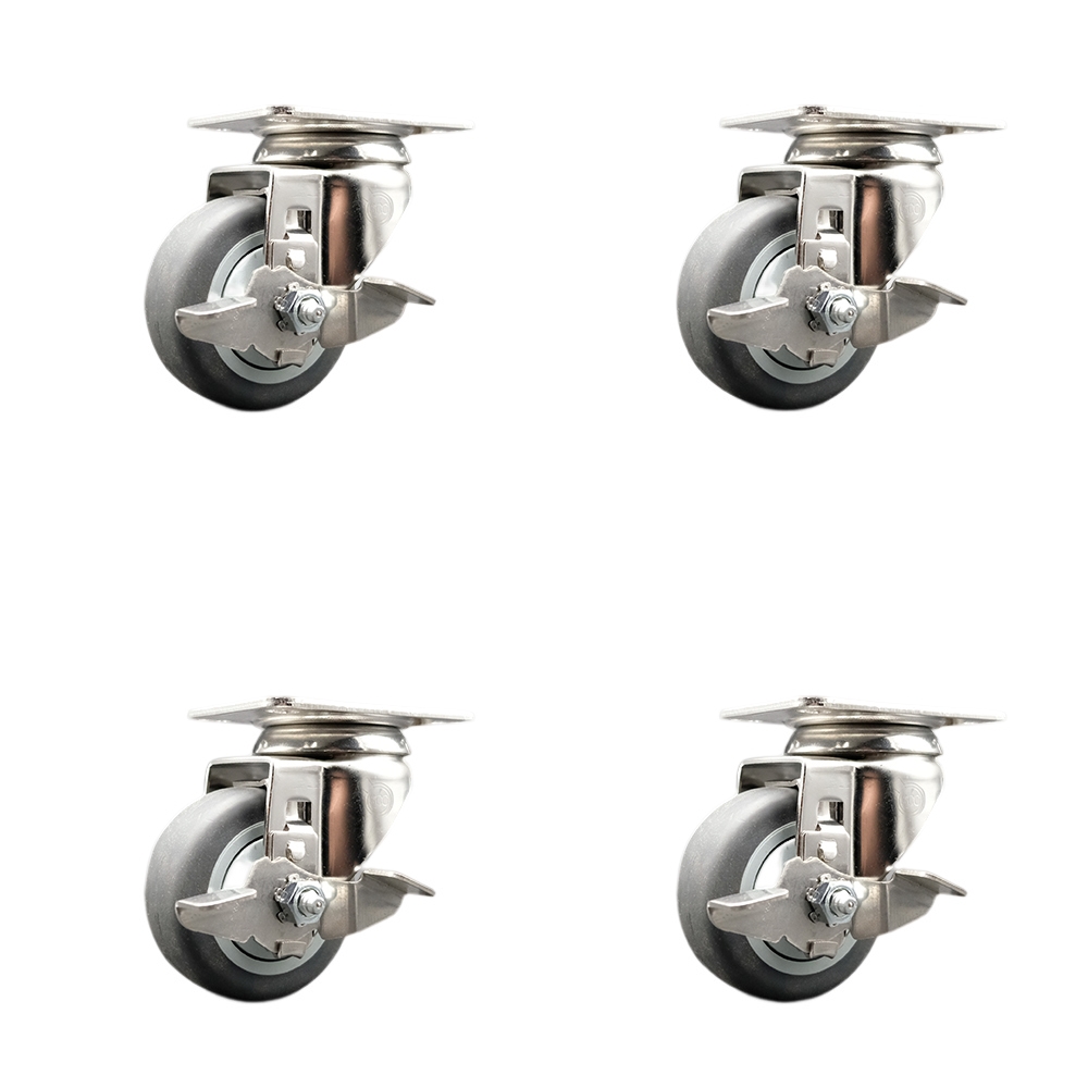 Thermoplastic Rubber Swivel Top Plate Caster Set of 4 with 3.5 Inch Caster Wheels-316 Stainless Steel Casters-Includes 4 Swivel Casters with Top Lock Brake-920 lbs. Total Capacity-Service Caster Brand — photo 1