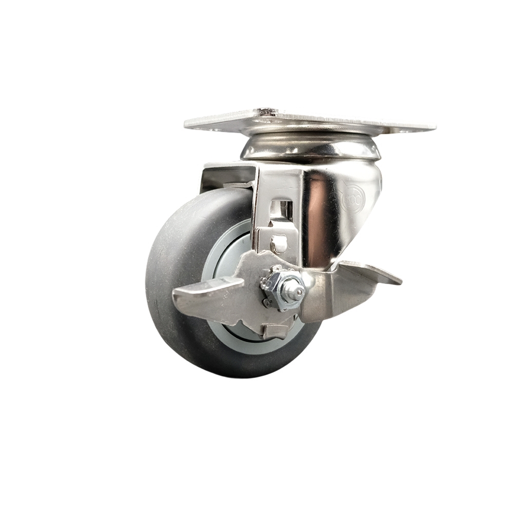 Thermoplastic Rubber Swivel Top Plate Caster with 3.5 Inch Gray Caster Wheel and Top Lock Brake - 316 Stainless Steel Caster - 230 lbs. Capacity Per Caster - Service Caster Brand — photo 1
