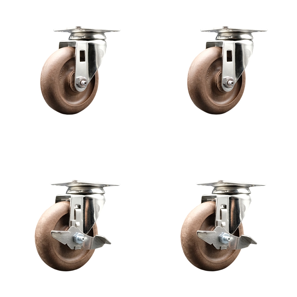 High Temp Glass Filled Nylon Swivel Top Plate Caster Set of 4 with 4 Inch Brown Caster Wheels - 316 Stainless Steel Casters - Includes 2 Swivel with Top Lock Brakes and 2 Swivel - Service Caster Brand — photo 1
