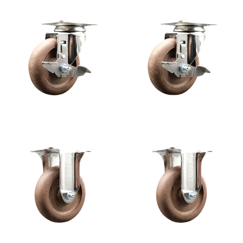 High Temp Glass Filled Nylon Swivel Top Plate Caster Set of 4 with 4 Inch Brown Caster Wheels - 316 Stainless Steel Casters - Includes 2 Swivel with Top Lock Brakes and 2 Rigid - Service Caster Brand — photo 1