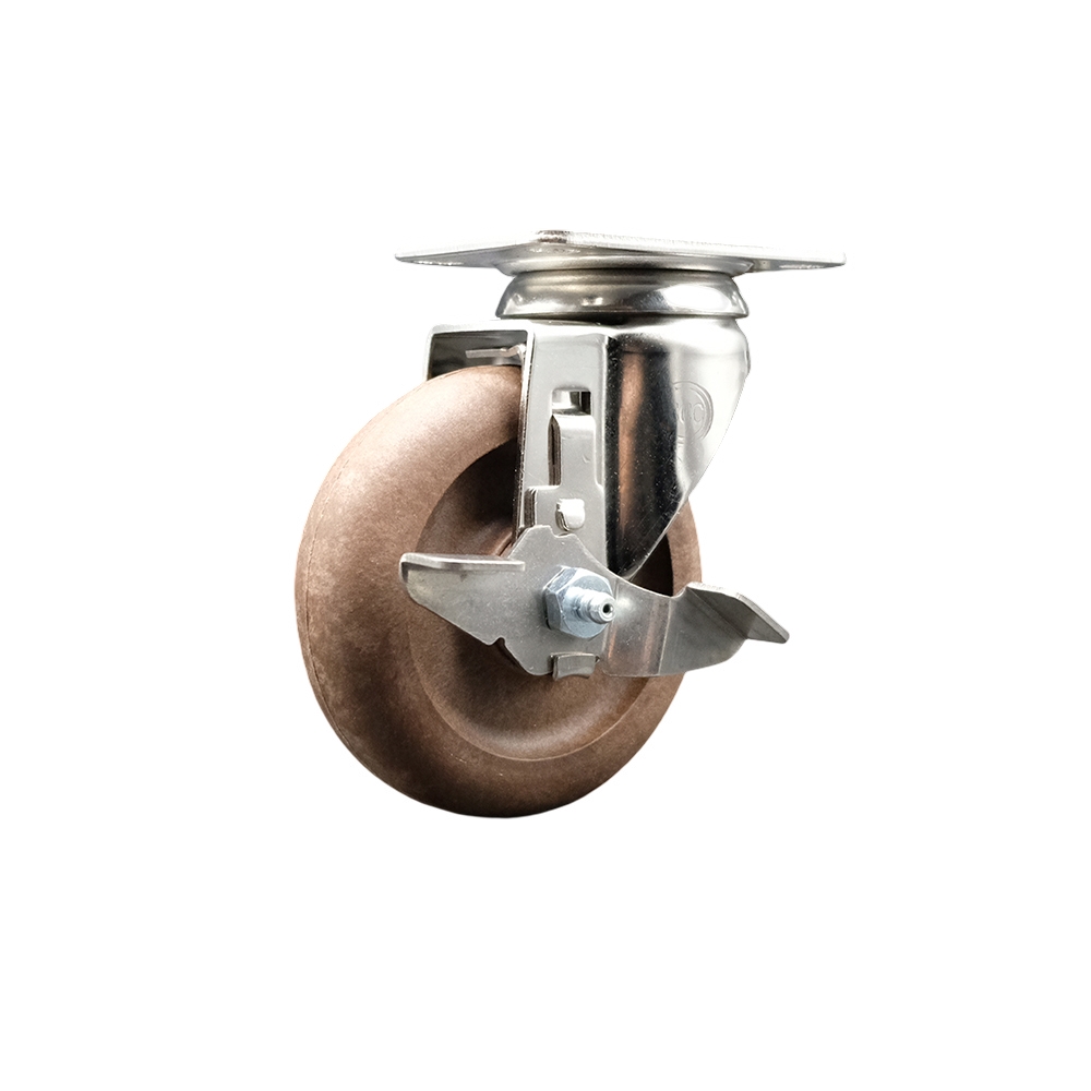 High Temperature Glass Filled Nylon Swivel Top Plate Caster with 4 Inch Brown Caster Wheel and Top Lock Brake - 316 Stainless Steel Caster - 350 lbs. Capacity Per Caster - Service Caster Brand — photo 1