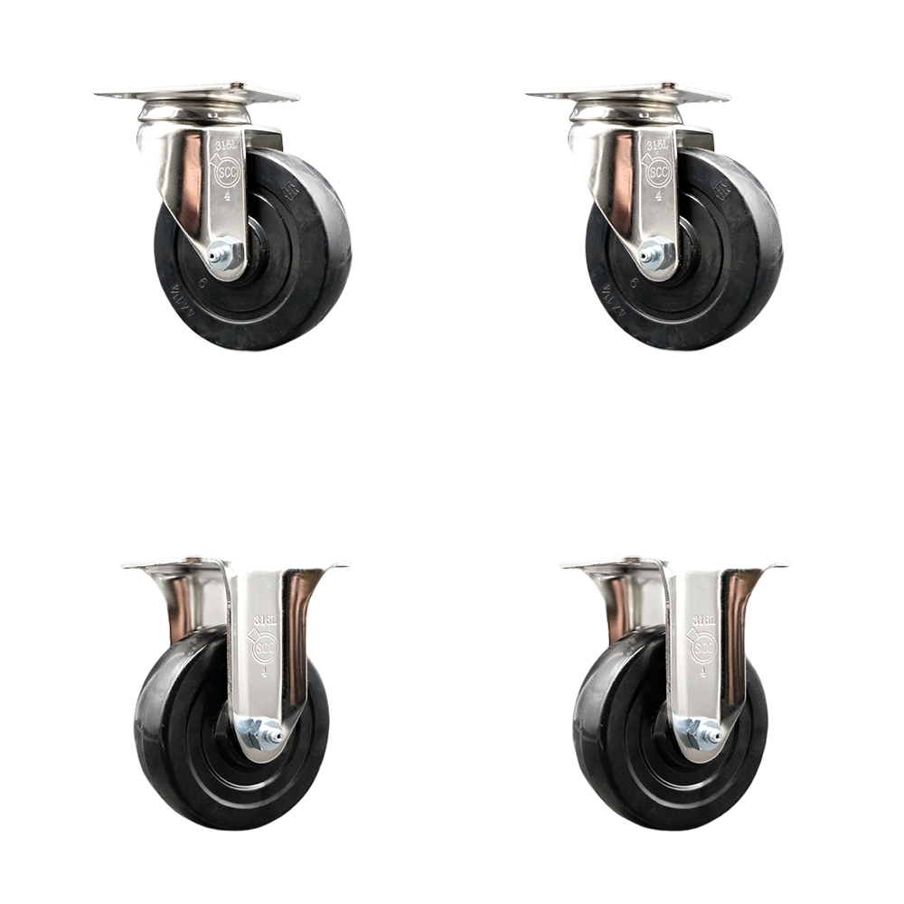 Hard Rubber Swivel Top Plate Caster Set of 4 with 4 Inch Black Caster Wheels - 316 Stainless Steel Casters - Includes 2 Swivel Casters and 2 Rigid Casters - Service Caster Brand — photo 1