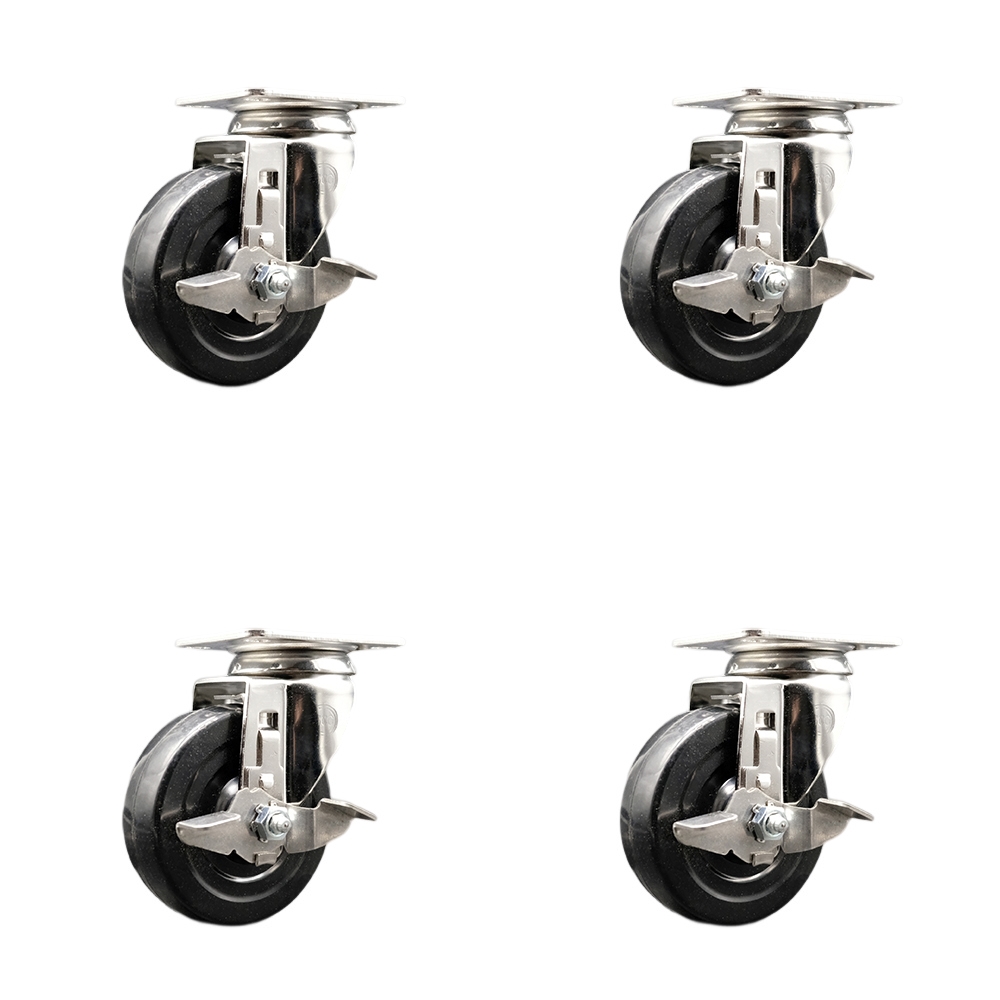 Hard Rubber Swivel Top Plate Caster Set of 4 with 4 Inch Black Caster Wheels - 316 Stainless Steel Casters-Includes 4 Swivel Casters with Top Lock Brakes-1,200 lbs. Total Capacity-Service Caster Brand — photo 1
