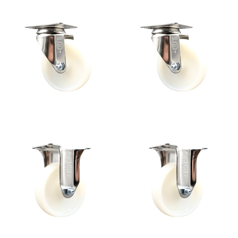 Nylon Swivel Top Plate Caster Set of 4 with 4 Inch White Caster Wheels - 316 Stainless Steel Casters - Includes 2 Swivel Casters and 2 Rigid Casters - Service Caster Brand — photo 1