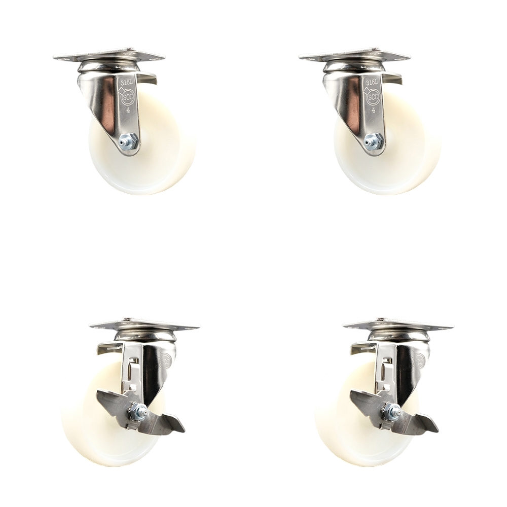Nylon Swivel Top Plate Caster Set of 4 with 4 Inch White Caster Wheels - 316 Stainless Steel Casters - Includes 2 Swivel with Top Lock Brakes and 2 Swivel - Service Caster Brand — photo 1