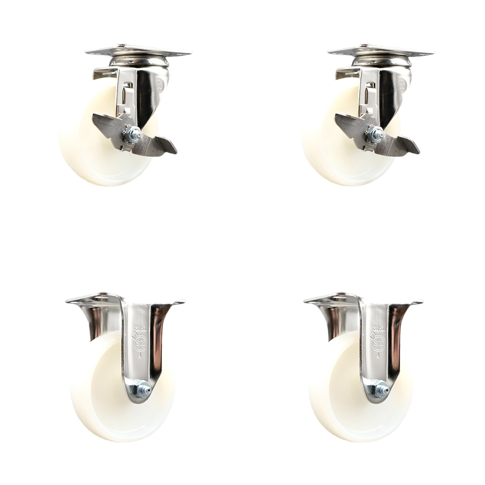 Nylon Swivel Top Plate Caster Set of 4 with 4 Inch White Caster Wheels - 316 Stainless Steel Casters - Includes 2 Swivel with Top Lock Brakes and 2 Rigid - Service Caster Brand — photo 1