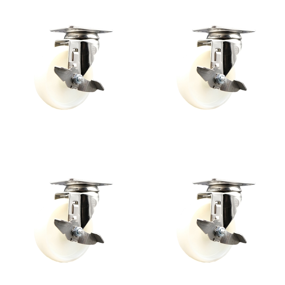 Nylon Swivel Top Plate Caster Set of 4 with 4 Inch White Caster Wheels - 316 Stainless Steel Casters - Includes 4 Swivel Casters with Top Lock Brakes - 1,200 lbs. Total Capacity - Service Caster Brand — photo 1