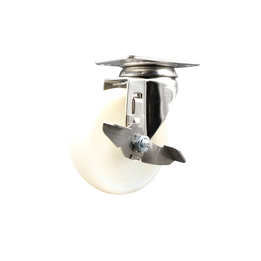 Nylon Swivel Top Plate Caster with 4 Inch White Caster Wheel and Top Lock Brake - 316 Stainless Steel Caster - 300 lbs. Capacity Per Caster - Service Caster Brand — photo 1