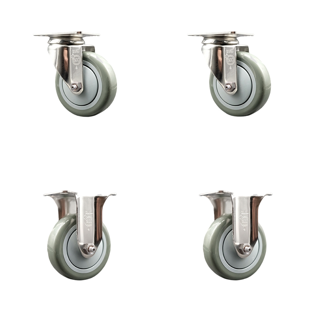 Polyurethane Swivel Top Plate Caster Set of 4 with 4 Inch Gray Caster Wheels - 316 Stainless Steel Casters - Includes 2 Swivel Casters and 2 Rigid Casters - Service Caster Brand — photo 1