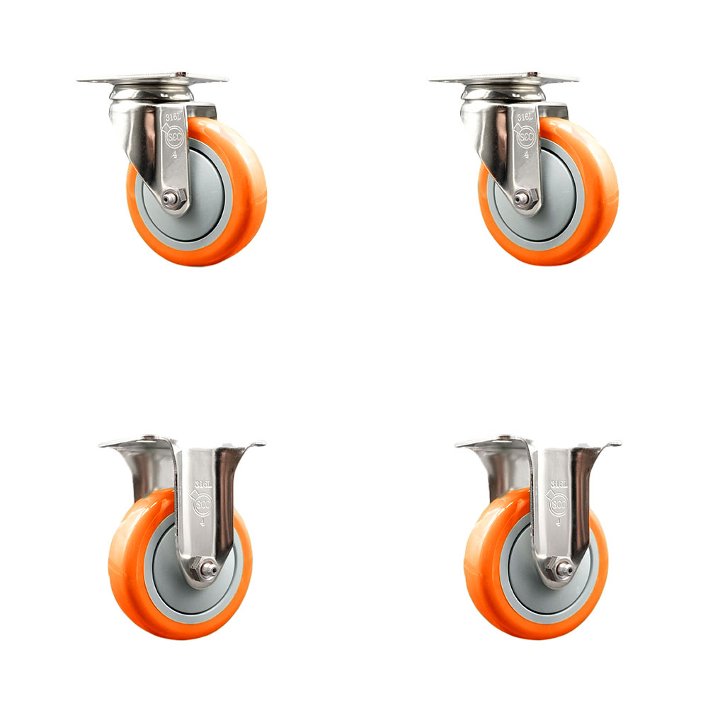 Polyurethane Swivel Top Plate Caster Set of 4 with 4 Inch Orange Caster Wheels - 316 Stainless Steel Casters - Includes 2 Swivel Casters and 2 Rigid Casters - Service Caster Brand — photo 1