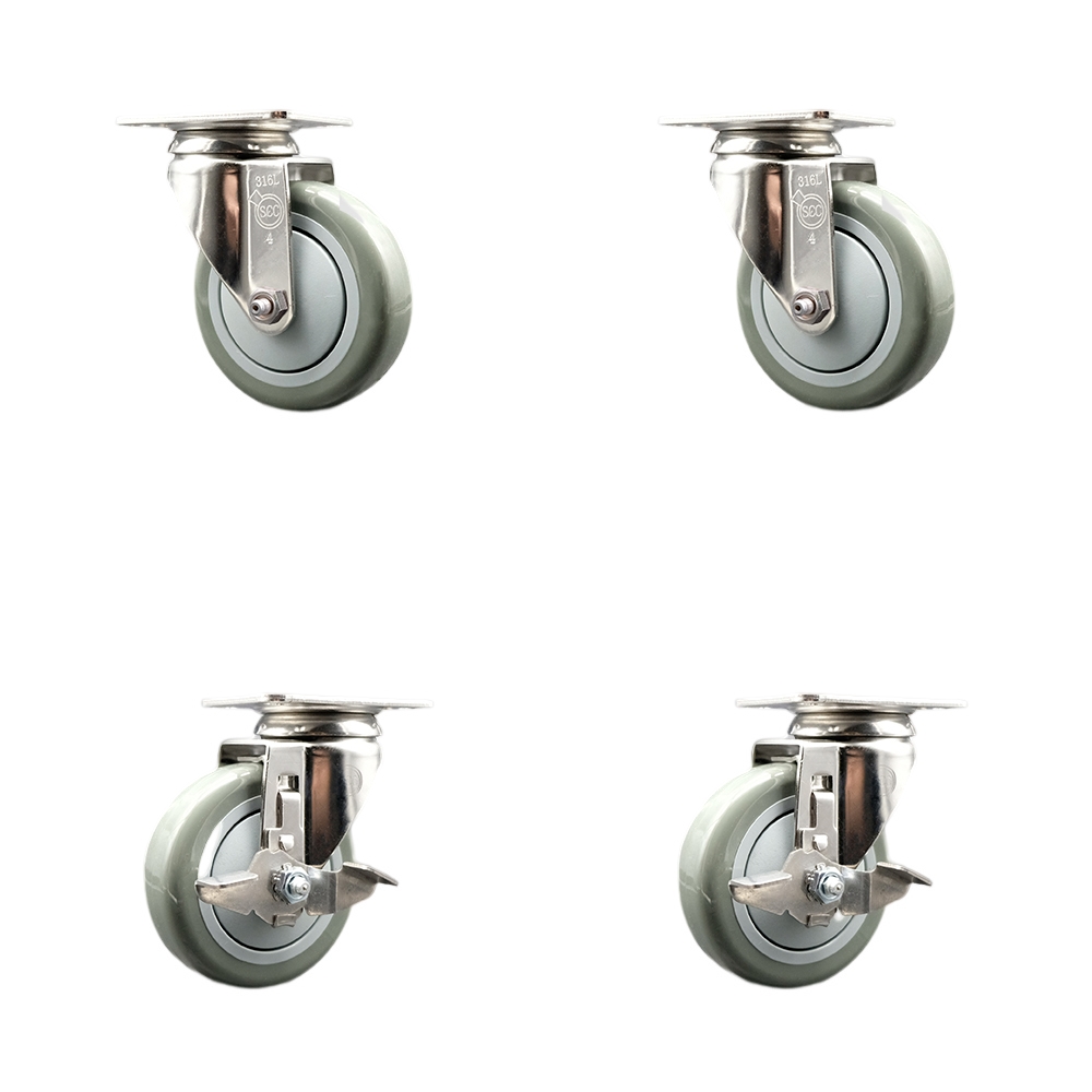 Polyurethane Swivel Top Plate Caster Set of 4 with 4 Inch Gray Caster Wheels - 316 Stainless Steel Casters - Includes 2 Swivel with Top Lock Brakes and 2 Swivel - Service Caster Brand — photo 1