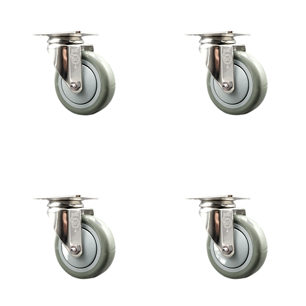 Polyurethane Swivel Top Plate Caster Set of 4 with 4 Inch Gray Caster Wheels - 316 Stainless Steel Casters - Includes 4 Swivel Casters - 1,400 lbs. Total Capacity - Service Caster Brand — photo 1