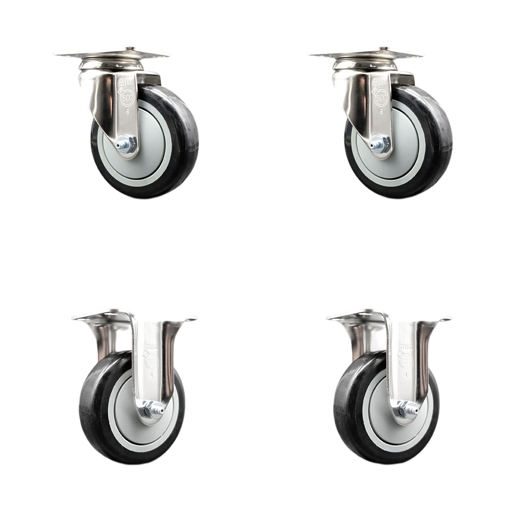 Polyurethane Swivel Top Plate Caster Set of 4 with 4 Inch Black Caster Wheels - 316 Stainless Steel Casters - Includes 2 Swivel Casters and 2 Rigid Casters - Service Caster Brand — photo 1