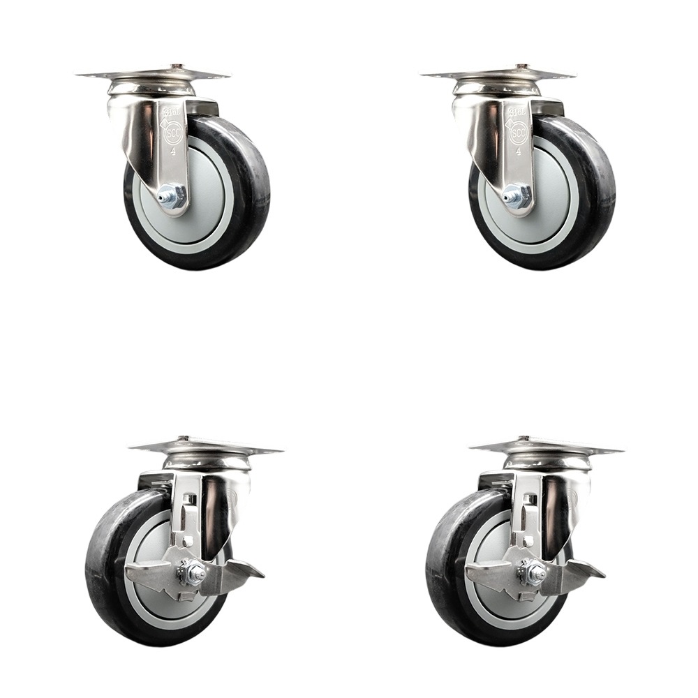 Polyurethane Swivel Top Plate Caster Set of 4 with 4 Inch Black Caster Wheels - 316 Stainless Steel Casters - Includes 2 Swivel with Top Lock Brakes and 2 Swivel - Service Caster Brand — photo 1