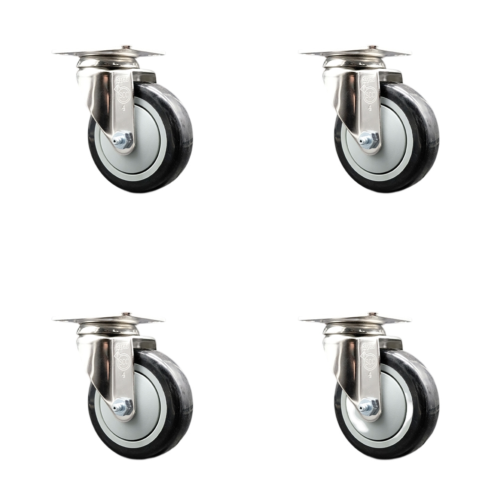 Polyurethane Swivel Top Plate Caster Set of 4 with 4 Inch Black Caster Wheels - 316 Stainless Steel Casters - Includes 4 Swivel Casters - 1,400 lbs. Total Capacity - Service Caster Brand — photo 1