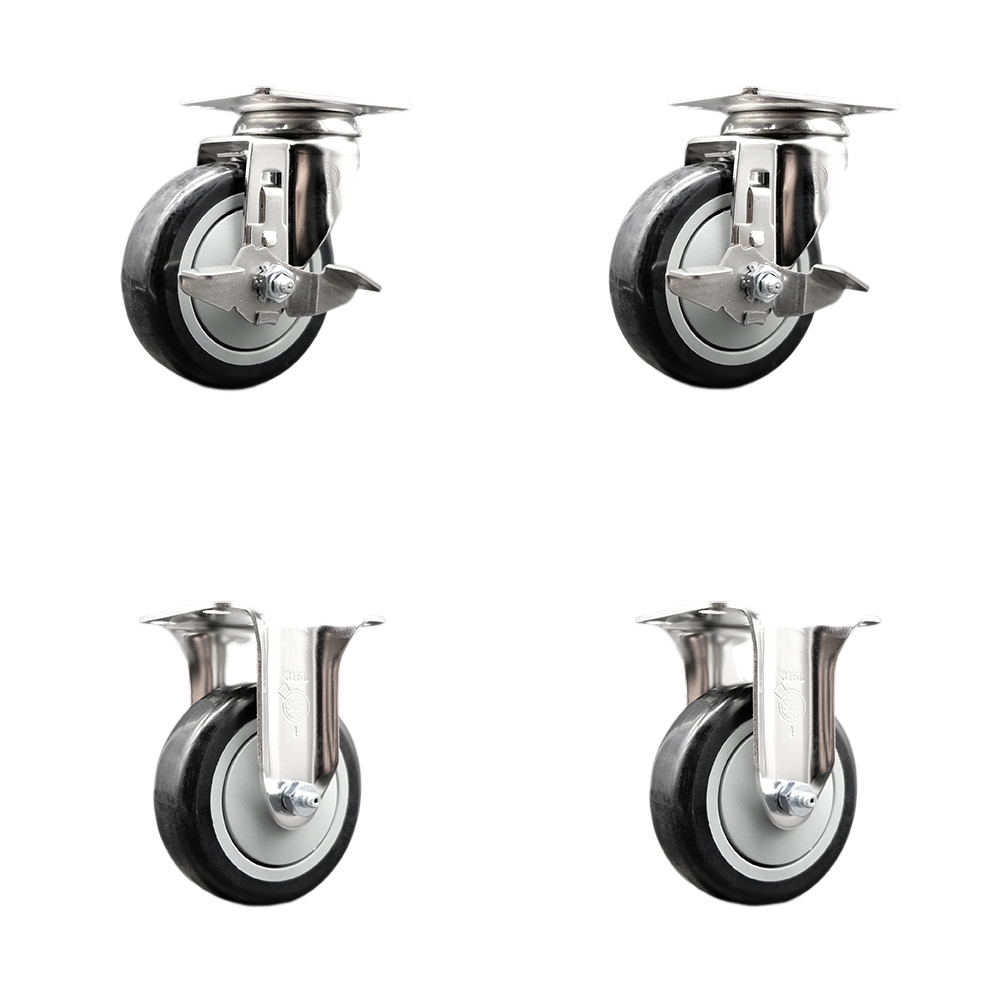Polyurethane Swivel Top Plate Caster Set of 4 with 4 Inch Black Caster Wheels - 316 Stainless Steel Casters - Includes 2 Swivel with Top Lock Brakes and 2 Rigid - Service Caster Brand — photo 1