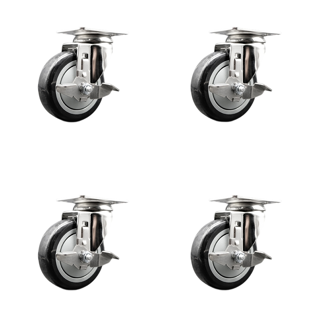 Polyurethane Swivel Top Plate Caster Set of 4 with 4 Inch Black Caster Wheels -316 Stainless Steel Casters-Includes 4 Swivel Casters with Top Lock Brakes-1,400 lbs. Total Capacity-Service Caster Brand — photo 1