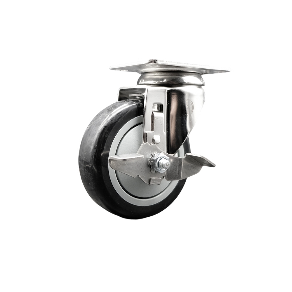 Polyurethane Swivel Top Plate Caster with 4 Inch Black Caster Wheel and Top Lock Brake - 316 Stainless Steel Caster - 350 lbs. Capacity Per Caster - Service Caster Brand — photo 1