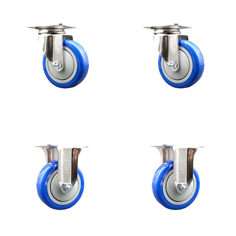 Polyurethane Swivel Top Plate Caster Set of 4 with 4 Inch Blue Caster Wheels - 316 Stainless Steel Casters - Includes 2 Swivel Casters and 2 Rigid Casters - Service Caster Brand — photo 1