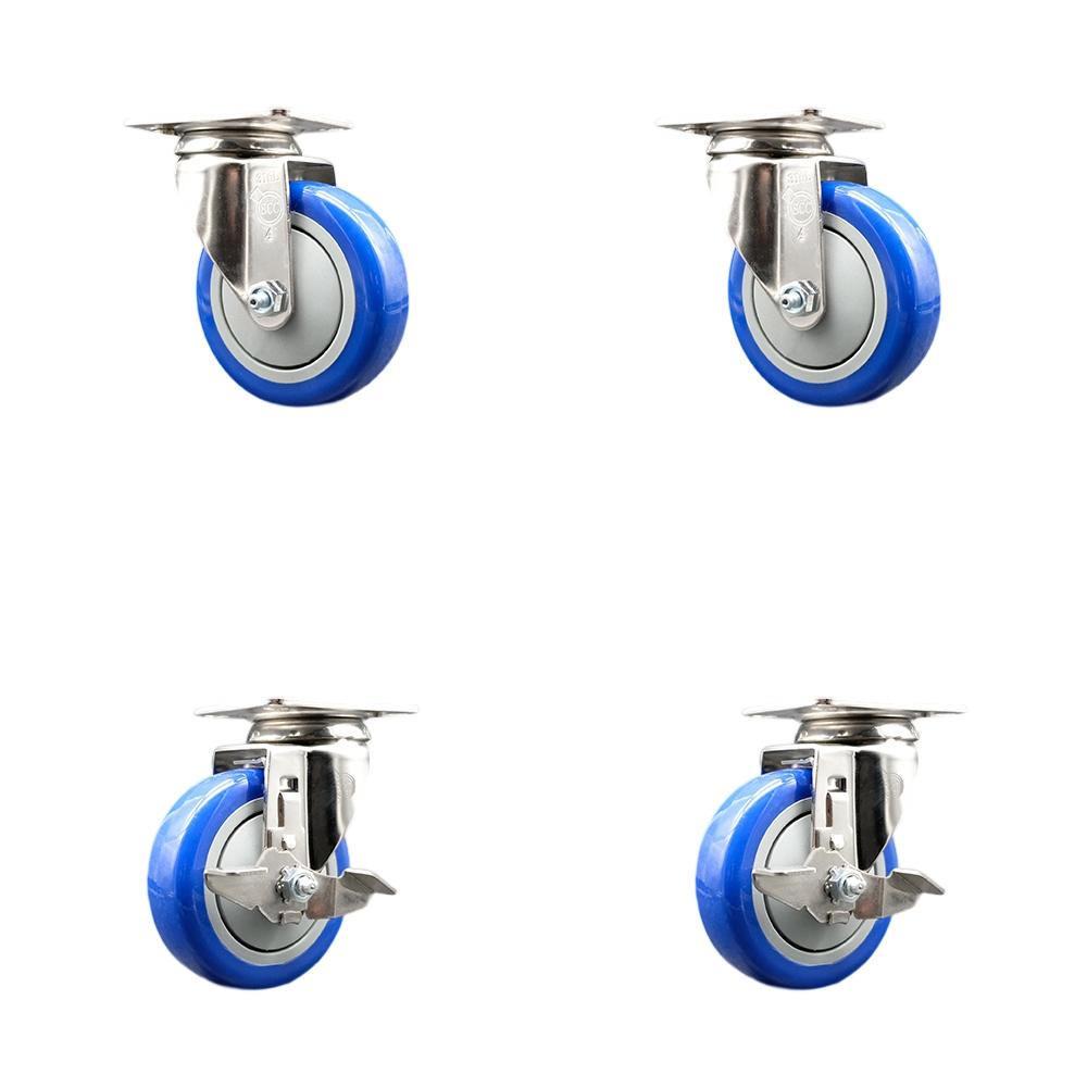 Polyurethane Swivel Top Plate Caster Set of 4 with 4 Inch Blue Caster Wheels - 316 Stainless Steel Casters - Includes 2 Swivel with Top Lock Brakes and 2 Swivel - Service Caster Brand — photo 1
