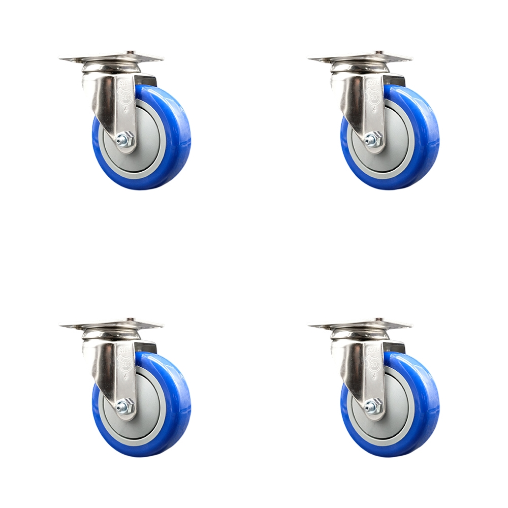 Polyurethane Swivel Top Plate Caster Set of 4 with 4 Inch Blue Caster Wheels - 316 Stainless Steel Casters - Includes 4 Swivel Casters - 1,400 lbs. Total Capacity - Service Caster Brand — photo 1
