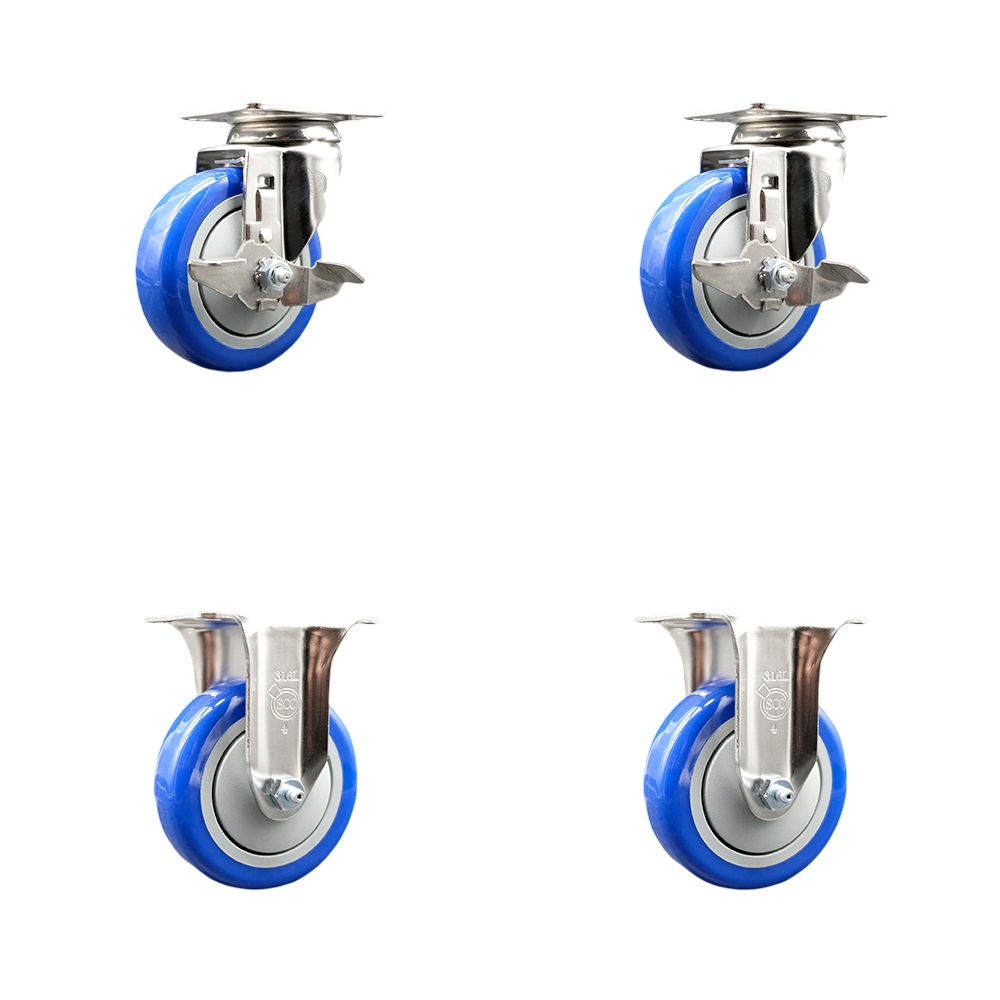 Polyurethane Swivel Top Plate Caster Set of 4 with 4 Inch Blue Caster Wheels - 316 Stainless Steel Casters - Includes 2 Swivel with Top Lock Brakes and 2 Rigid - Service Caster Brand — photo 1