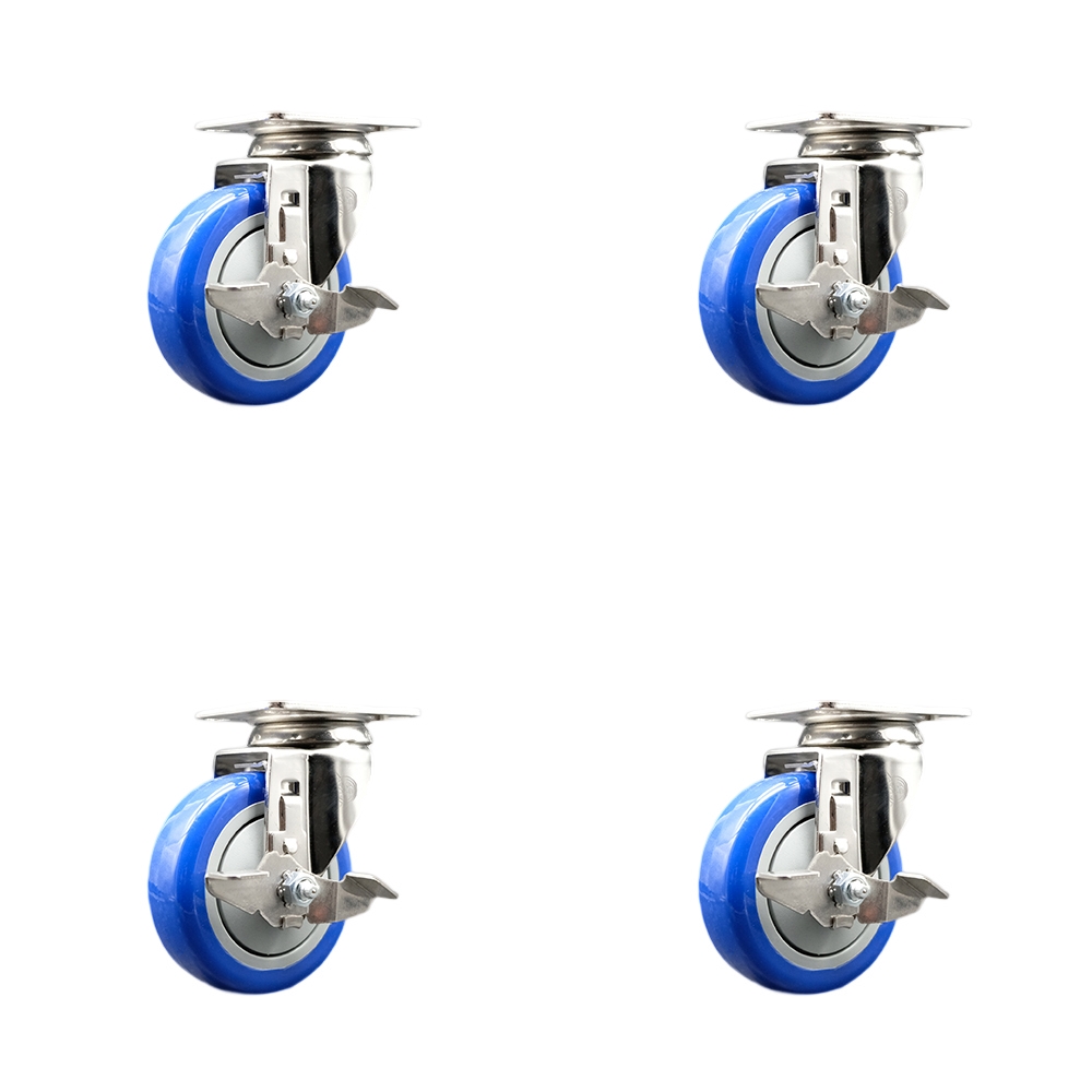 Polyurethane Swivel Top Plate Caster Set of 4 with 4 Inch Blue Caster Wheels -316 Stainless Steel Casters-Includes 4 Swivel Casters with Top Lock Brakes-1,400 lbs. Total Capacity- Service Caster Brand — photo 1