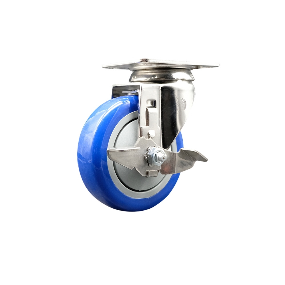 Polyurethane Swivel Top Plate Caster with 4 Inch Blue Caster Wheel and Top Lock Brake - 316 Stainless Steel Caster - 350 lbs. Capacity Per Caster - Service Caster Brand — photo 1