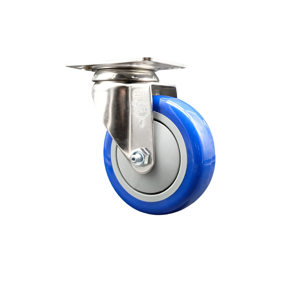 Polyurethane Swivel Top Plate Caster with 4 Inch Blue Caster Wheel - 316 Stainless Steel Caster - 350 lbs. Capacity Per Caster - Service Caster Brand — photo 1