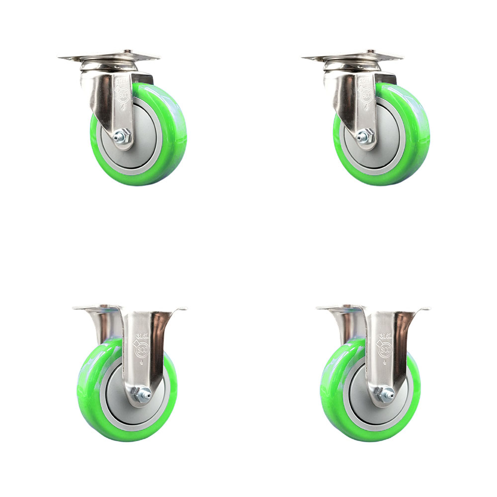 Polyurethane Swivel Top Plate Caster Set of 4 with 4 Inch Green Caster Wheels - 316 Stainless Steel Casters - Includes 2 Swivel Casters and 2 Rigid Casters - Service Caster Brand — photo 1