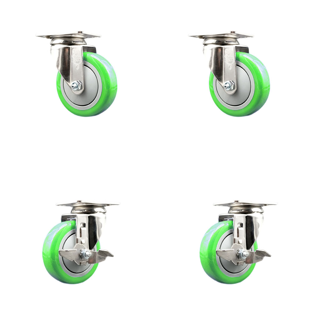 Polyurethane Swivel Top Plate Caster Set of 4 with 4 Inch Green Caster Wheels - 316 Stainless Steel Casters - Includes 2 Swivel with Top Lock Brakes and 2 Swivel - Service Caster Brand — photo 1