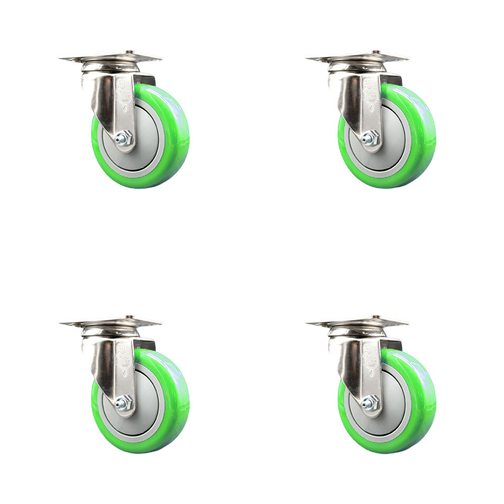 Polyurethane Swivel Top Plate Caster Set of 4 with 4 Inch Green Caster Wheels - 316 Stainless Steel Casters - Includes 4 Swivel Casters - 1,400 lbs. Total Capacity - Service Caster Brand — photo 1