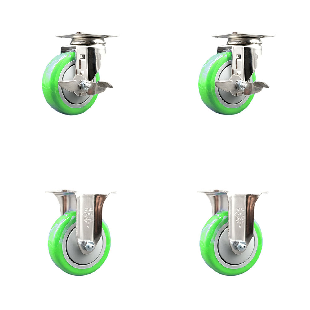 Polyurethane Swivel Top Plate Caster Set of 4 with 4 Inch Green Caster Wheels - 316 Stainless Steel Casters - Includes 2 Swivel with Top Lock Brakes and 2 Rigid - Service Caster Brand — photo 1