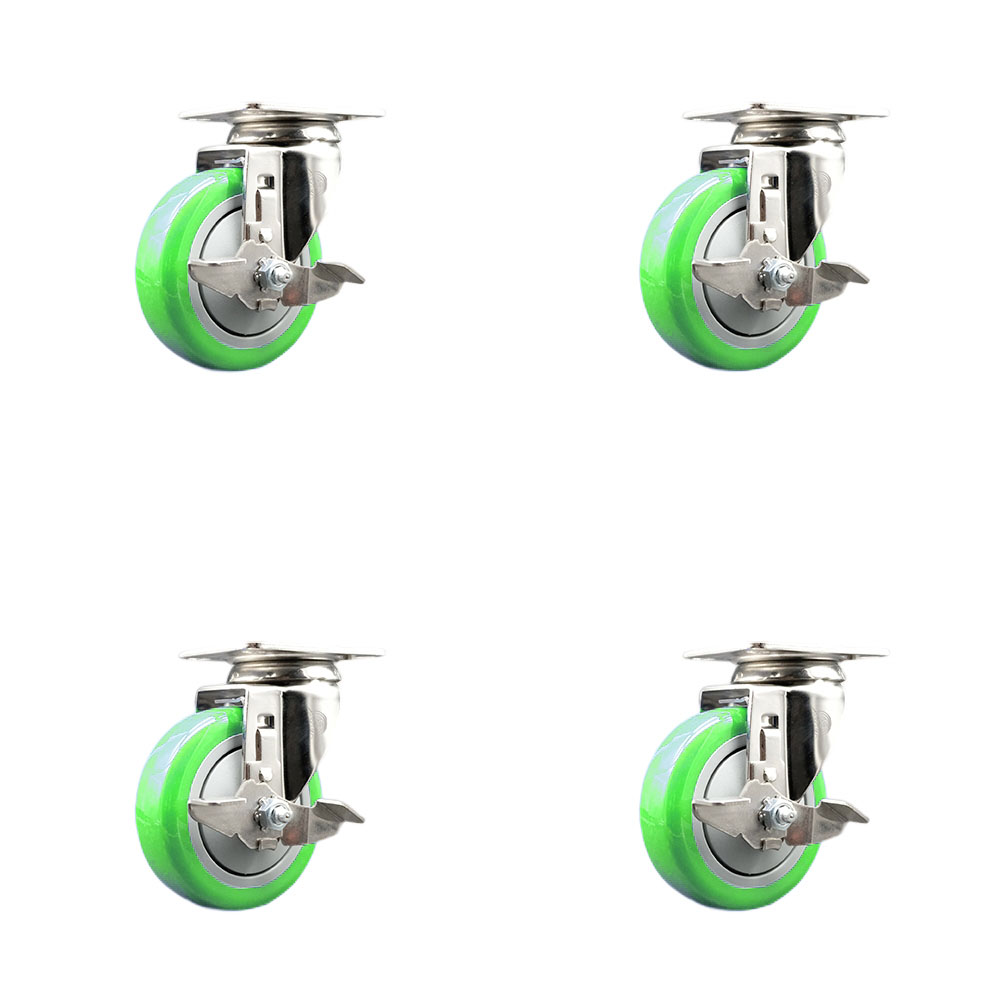 Polyurethane Swivel Top Plate Caster Set of 4 with 4 Inch Green Caster Wheels -316 Stainless Steel Casters-Includes 4 Swivel Casters with Top Lock Brakes-1,400 lbs. Total Capacity-Service Caster Brand — photo 1