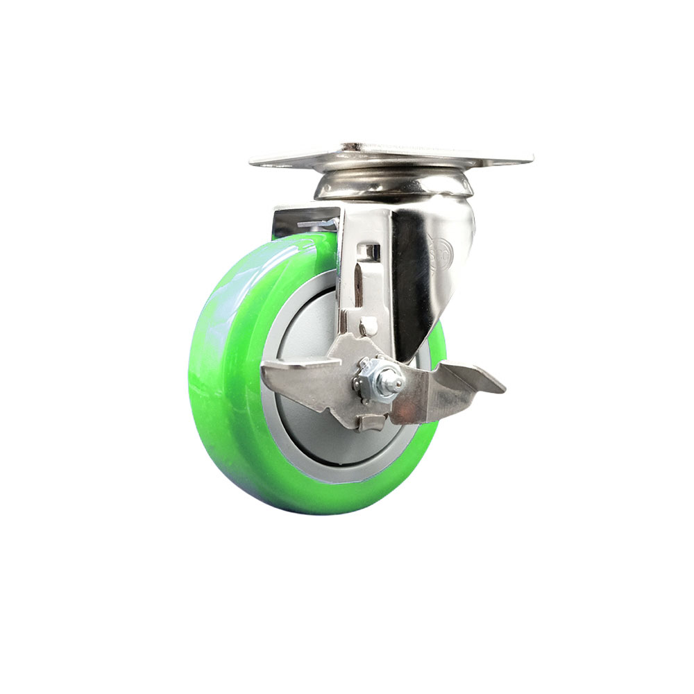 Polyurethane Swivel Top Plate Caster with 4 Inch Green Caster Wheel and Top Lock Brake - 316 Stainless Steel Caster - 350 lbs. Capacity Per Caster - Service Caster Brand — photo 1