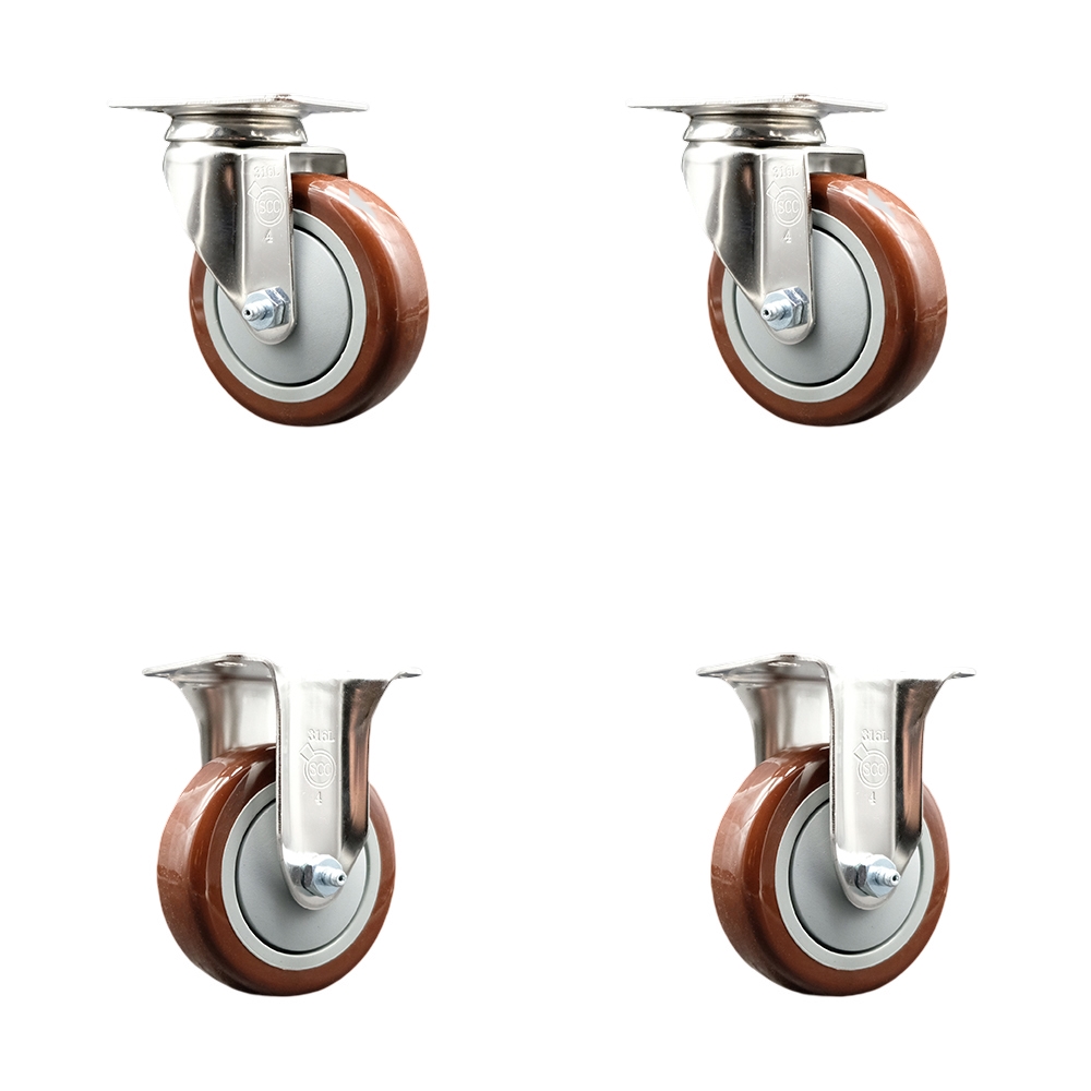 Polyurethane Swivel Top Plate Caster Set of 4 with 4 Inch Maroon Caster Wheels - 316 Stainless Steel Casters - Includes 2 Swivel Casters and 2 Rigid Casters - Service Caster Brand — photo 1