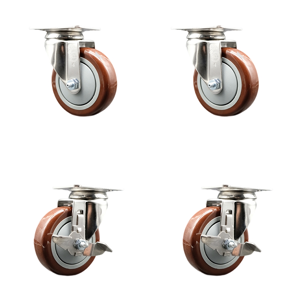 Polyurethane Swivel Top Plate Caster Set of 4 with 4 Inch Maroon Caster Wheels - 316 Stainless Steel Casters - Includes 2 Swivel with Top Lock Brakes and 2 Swivel - Service Caster Brand — photo 1
