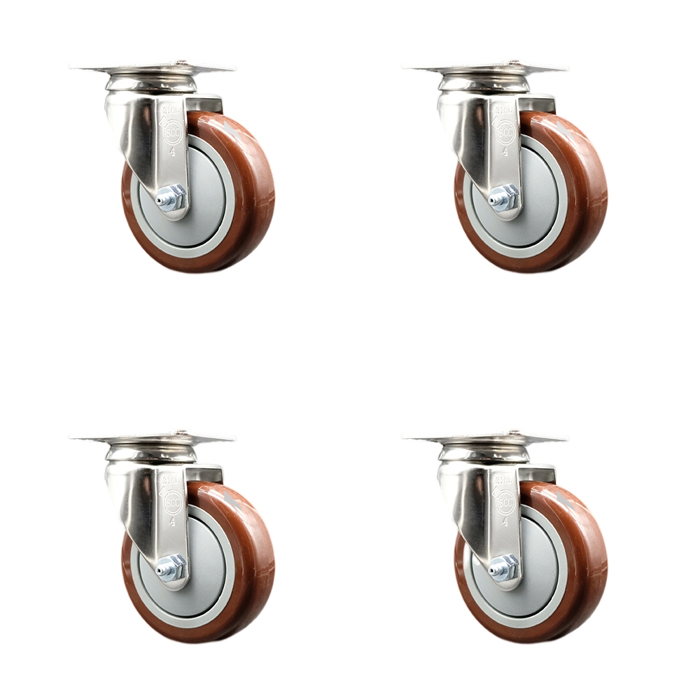 Polyurethane Swivel Top Plate Caster Set of 4 with 4 Inch Maroon Caster Wheels - 316 Stainless Steel Casters - Includes 4 Swivel Casters - 1,400 lbs. Total Capacity - Service Caster Brand — photo 1