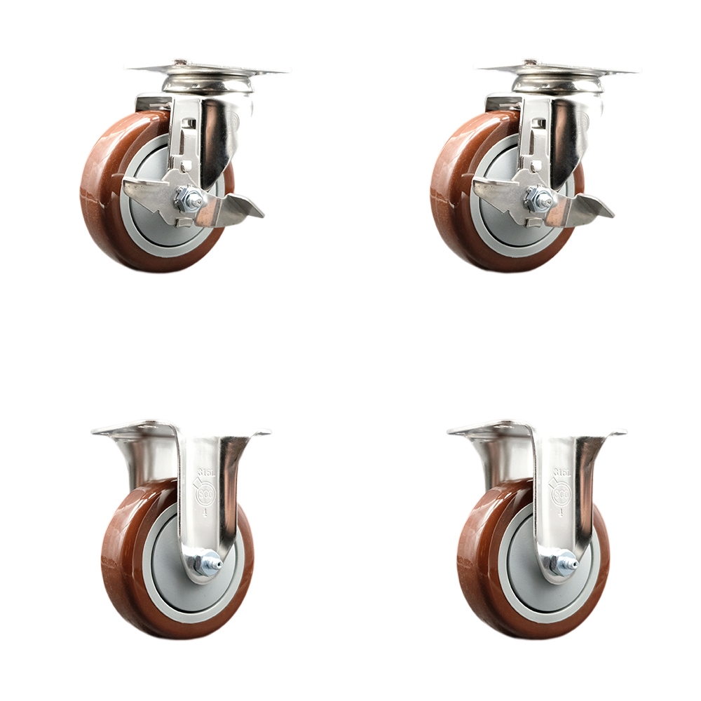 Polyurethane Swivel Top Plate Caster Set of 4 with 4 Inch Maroon Caster Wheels - 316 Stainless Steel Casters - Includes 2 Swivel with Top Lock Brakes and 2 Rigid - Service Caster Brand — photo 1