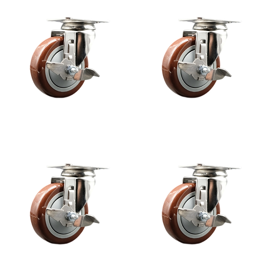 Polyurethane Swivel Top Plate Caster Set of 4 with 4 Inch Maroon Caster Wheels-316 Stainless Steel Casters-Includes 4 Swivel Casters with Top Lock Brakes-1,400 lbs. Total Capacity-Service Caster Brand — photo 1